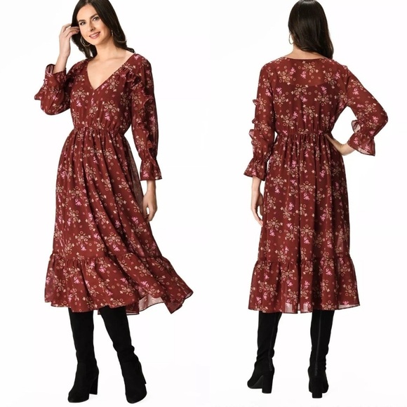 eShakti Floral Print Ruffle Georgette Dress In Maroon Women's Size XL-16 - Picture 1 of 8